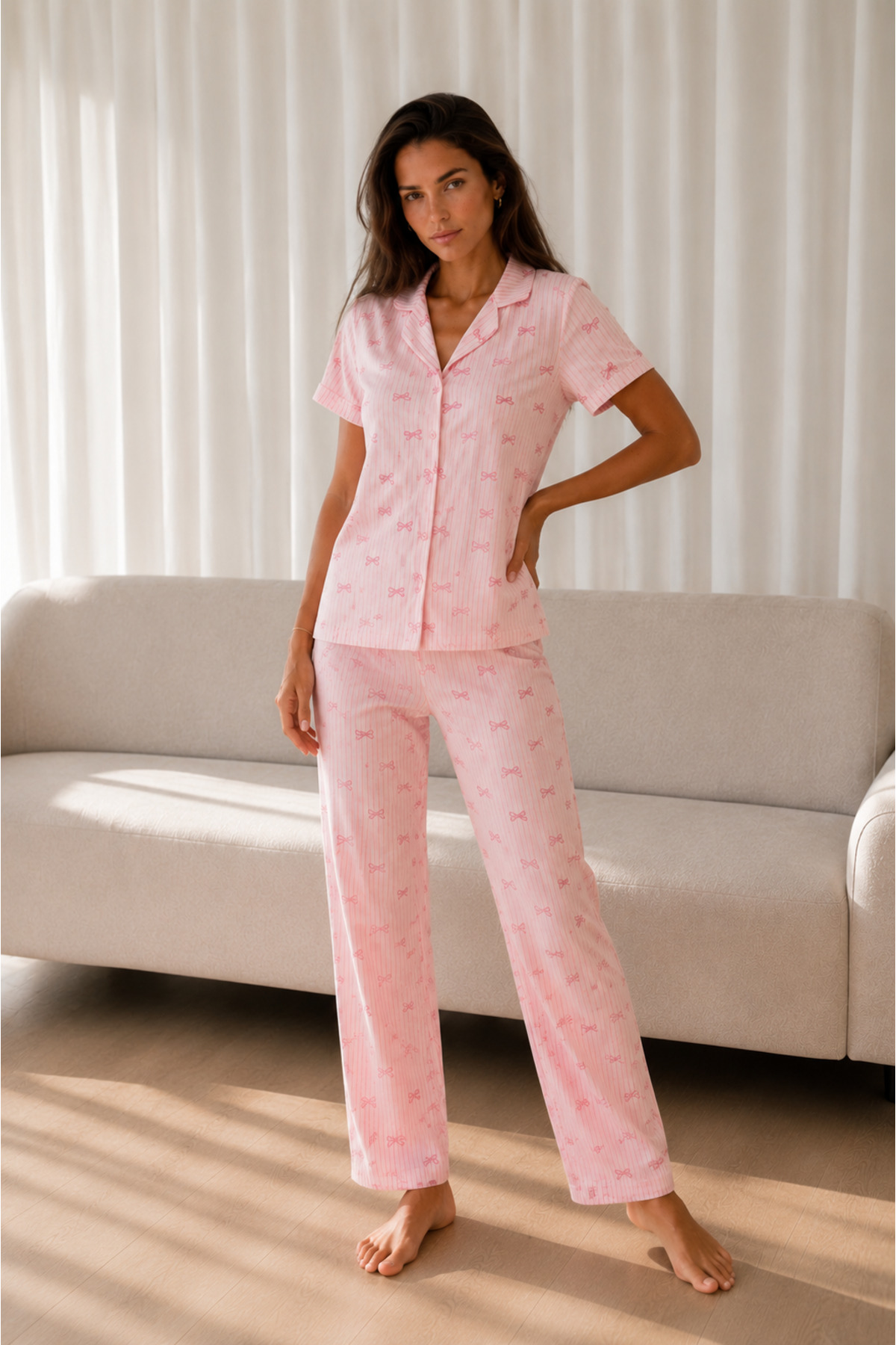 Kadın Loose Uzun Paça Pamuk Pembe Pijama Takımı 5