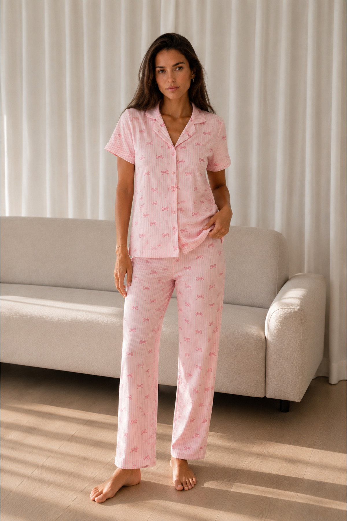 Kadın Loose Uzun Paça Pamuk Pembe Pijama Takımı 6