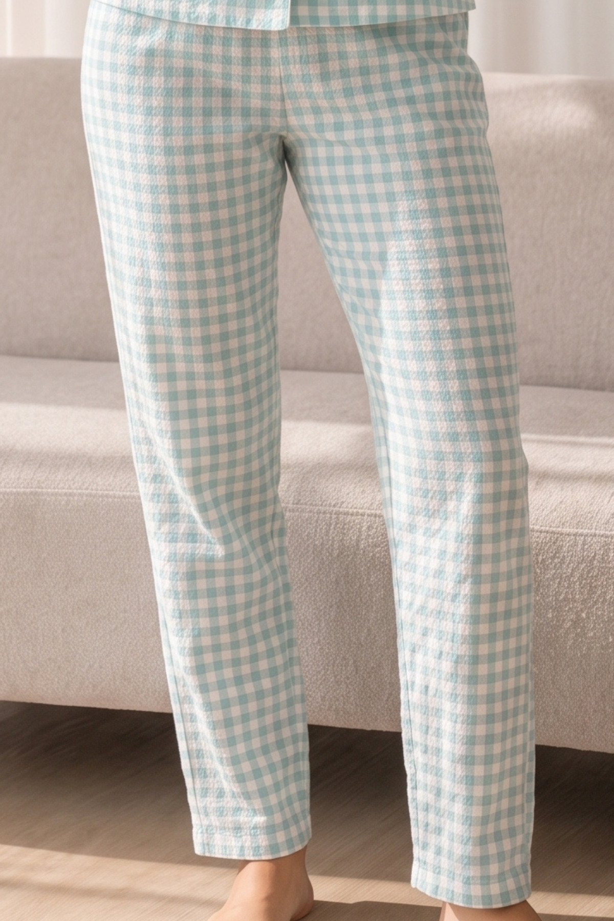 Kadın Loose Uzun Paça Pamuk Su Yeşili Pijama Takımı 4