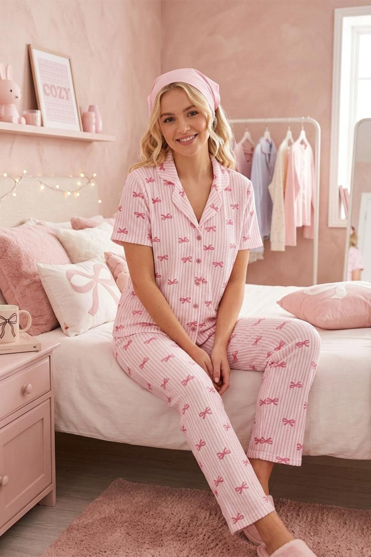 Pembe Kurdele Desenli Bürümçük kumaş Kısa Kollu Pijama Takımı 6064 4