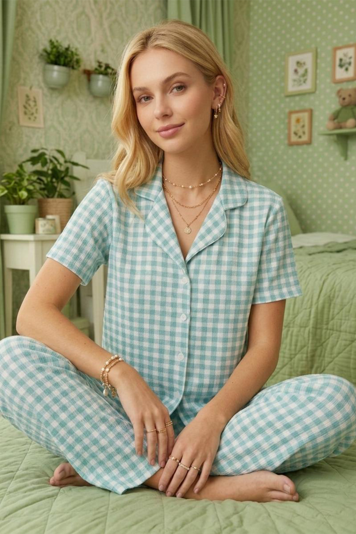 Kare Desenli Bürümçük kumaş Kısa Kollu Pijama Takımı 6065 Su Yeşili 5