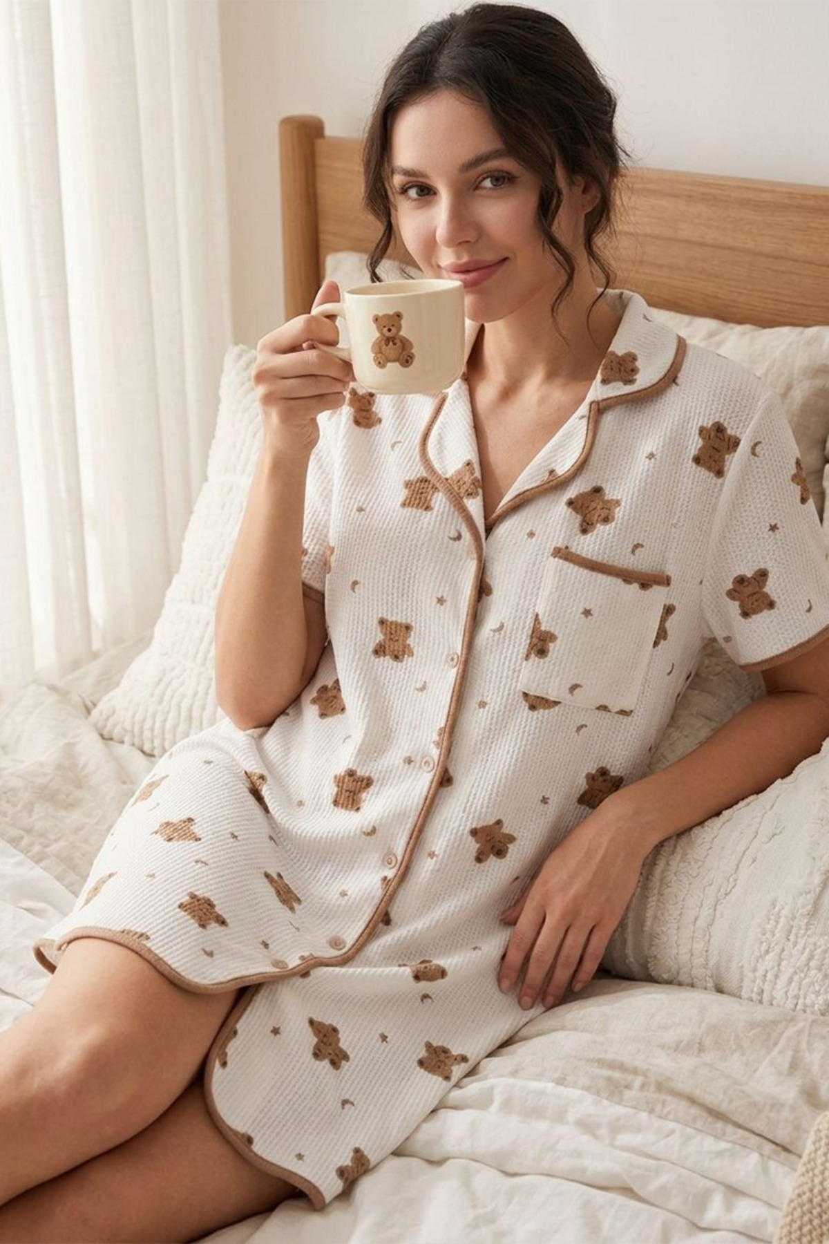 Ayıcık Desenli Kısa Kollu Mini Pijama 4580 Beyaz 3