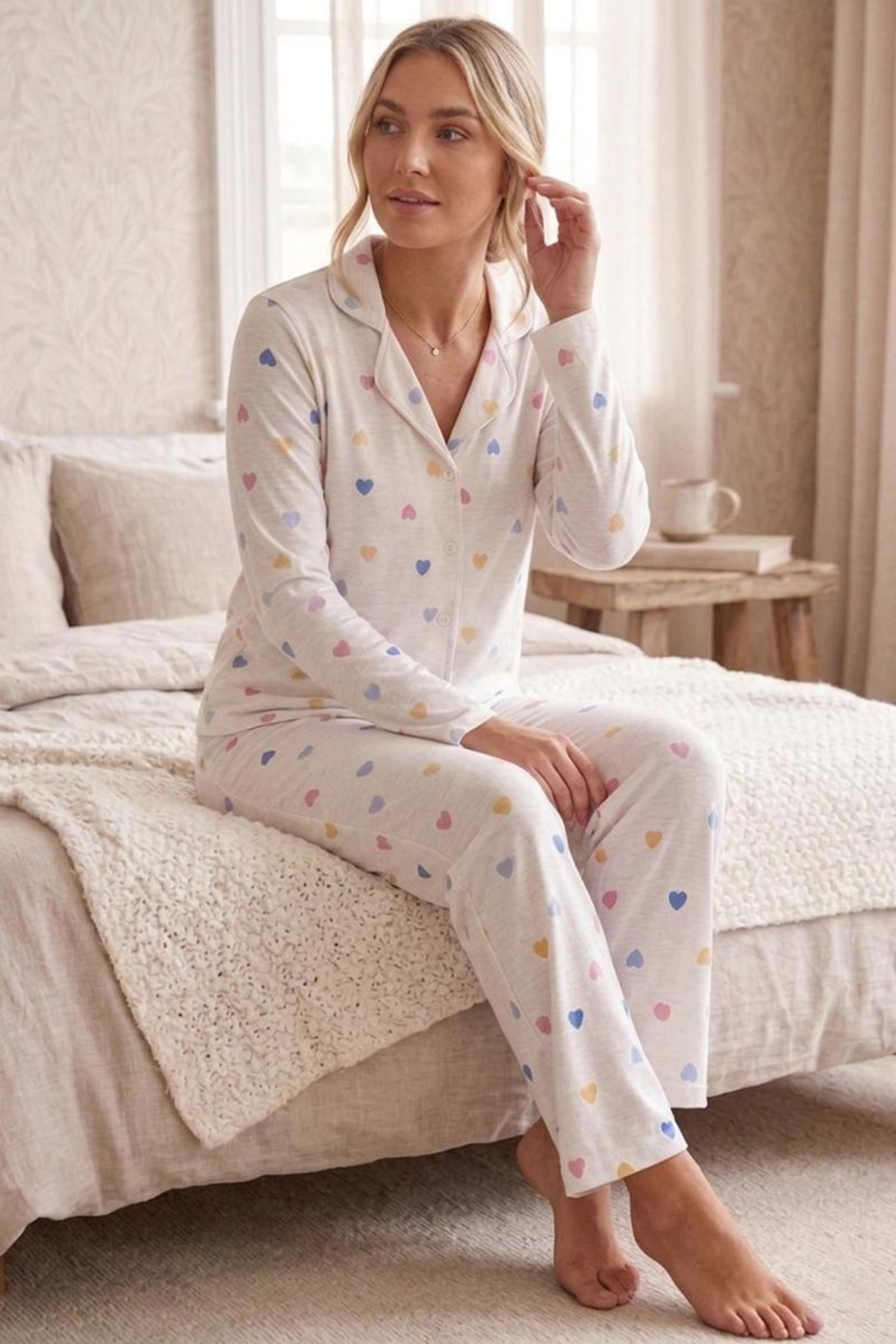 Renkli Kalp Desenli Uzun Kollu Pijama Takımı 4603 -Kar Beyaz 3