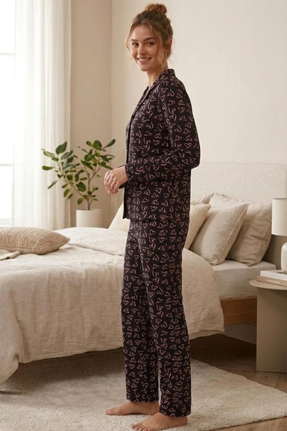 Pembe Kalp Desenli Uzun Kollu Pijama Takımı 4602 -Siyah 3