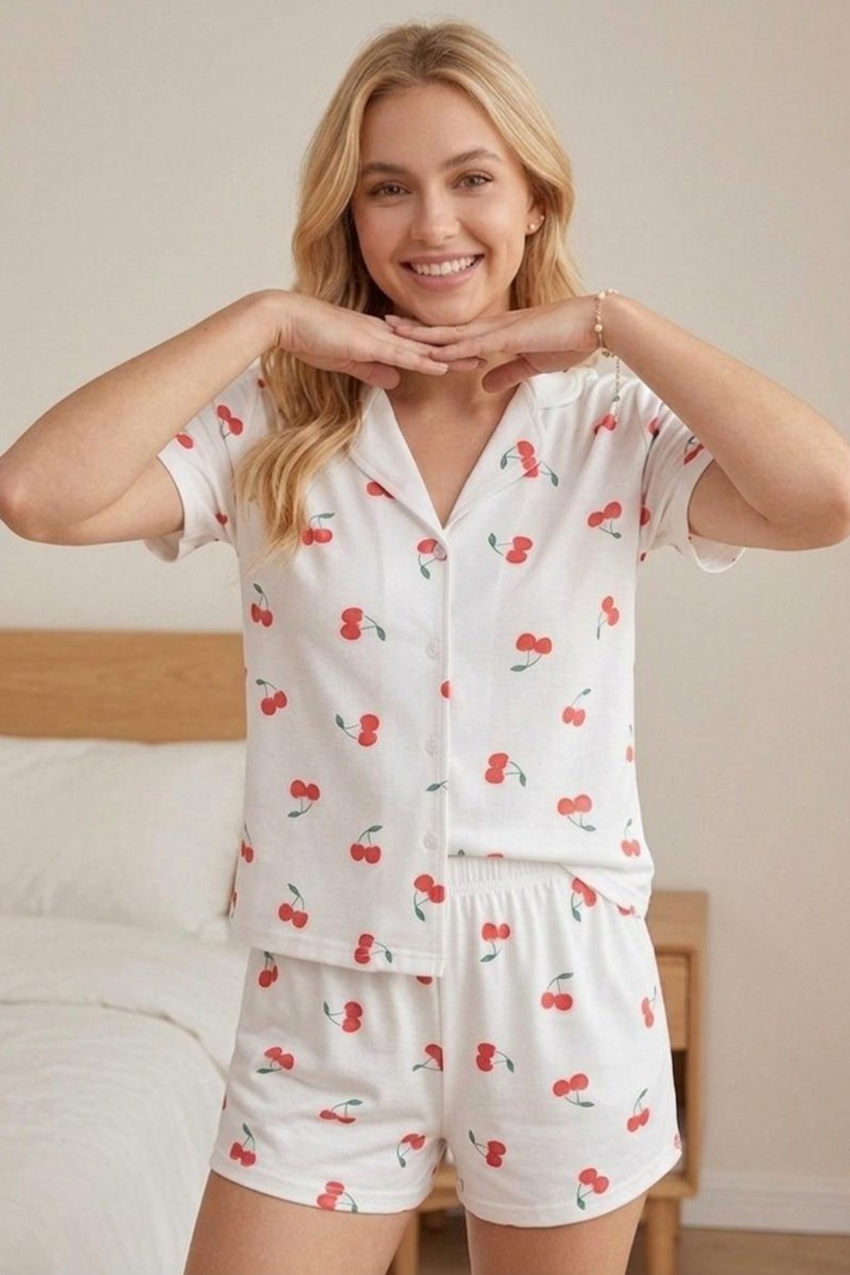 Kiraz Desenli Düğmeli Şortlu Pijama Takımı 4609 -Beyaz 3
